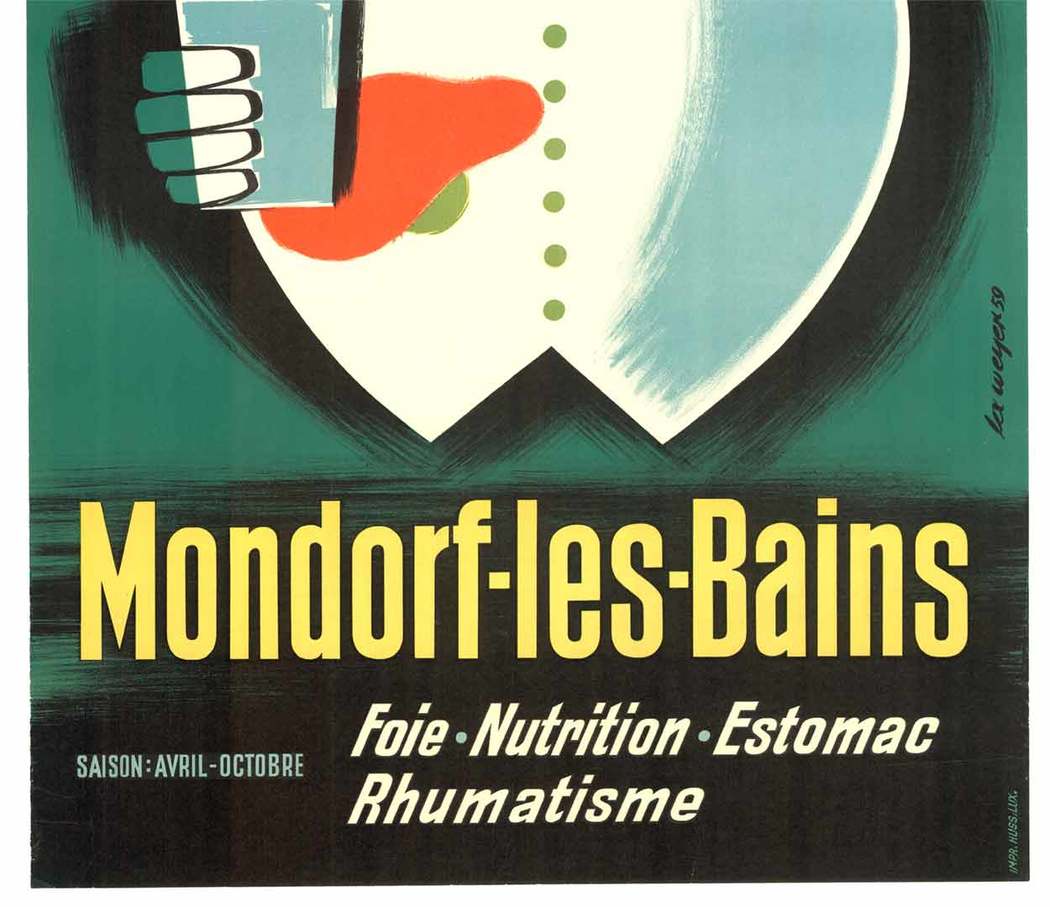 inal Mondorf-les-Baines lithograph created by the artist Lex Weyer in 1959. Archival linen back in very good to excellent condition; ready to frame. Grand Duche de Luxembourg. <br> <br>The Mondorf les Bains is a spa in Luxembourg with thermal waters 