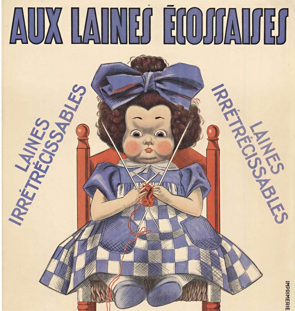  antique stone lithograph created by the artist R. Hunsic. Archival linen backed and ready to frame. <br>The poster features a little girl sitting in a chair, very intense on her knitting with this fine wood yarn. <br> <br>This is an Original Litho