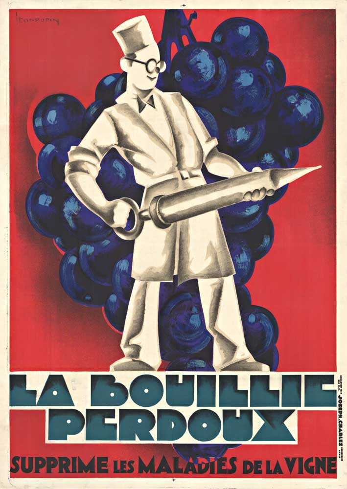 drawn character of a man holding what looks like a big neele, but is a aart deco sprayer. Background is a large group of grapes, liinen backed, original rare poster, very good condition.