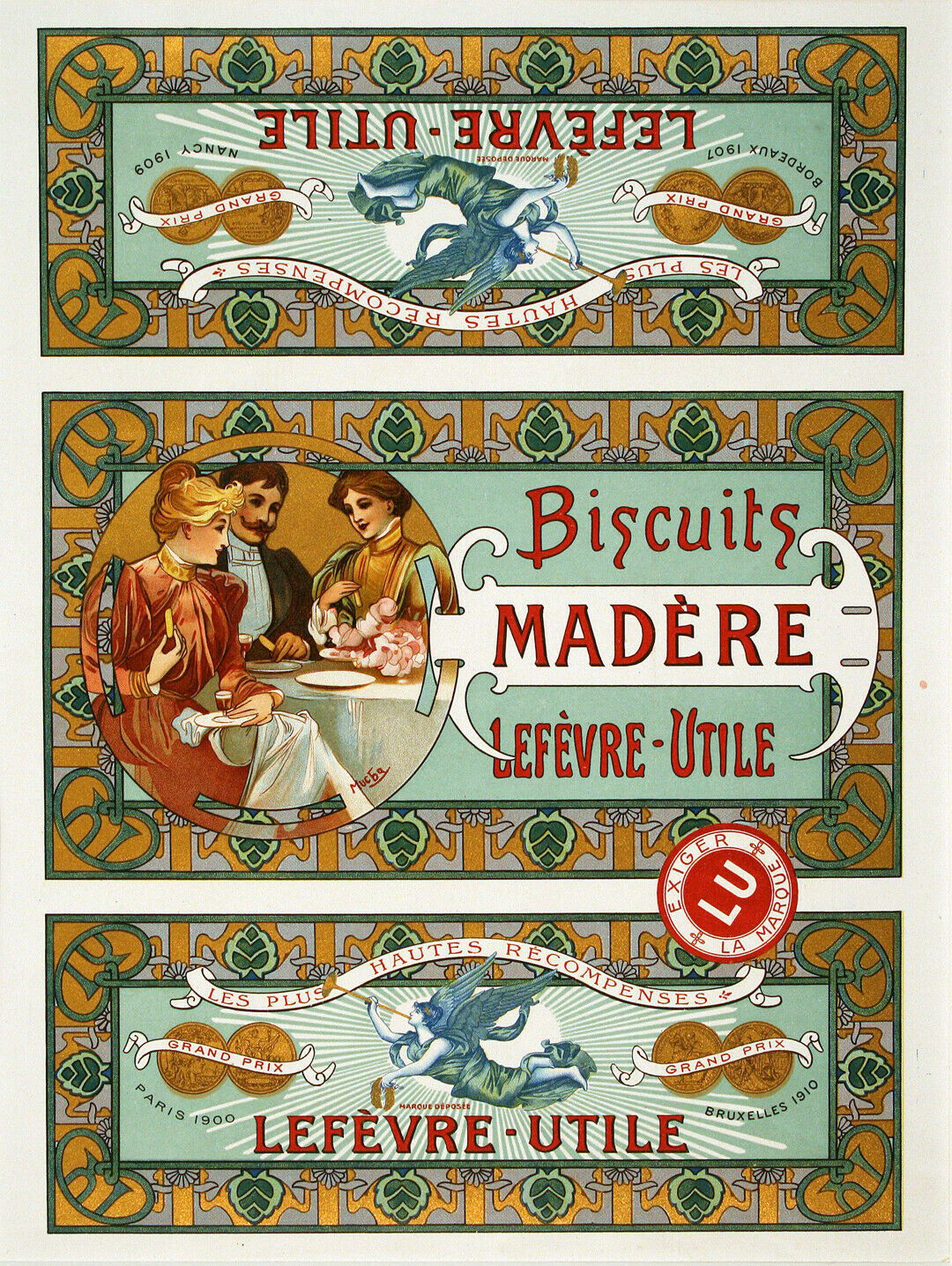 Original MADERE BISCUITS LEFEVRE UTILE small format bisquit label box designed by Alphonse Mucha iin the late 1890's. Presented in an acid free 16" x 20" presentation folder for protection. This cookie or biscuits image in the art nouveau format is a 