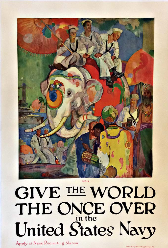 Original, rare, Give the World the Once Over in the United States Navy. Artist: James Henry Daugherty. Archival linen backed and ready to frame. <br> <br>Restored boarders on all 4 sides of this rare poster and on some of the lettering. The post