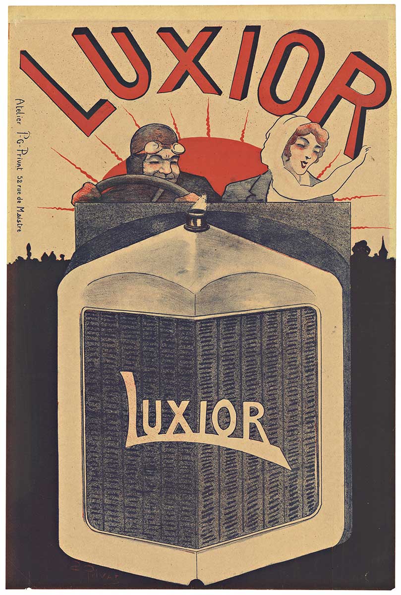LUXIOR. Original antique French turn of the century rare antique automobile poster. Printer / atelier:: Henri Privat Livemont. Size: 15.75" x 23.75". Archival linen backed in excellent condition for a poster from this time frame. <br> <br>THIS C