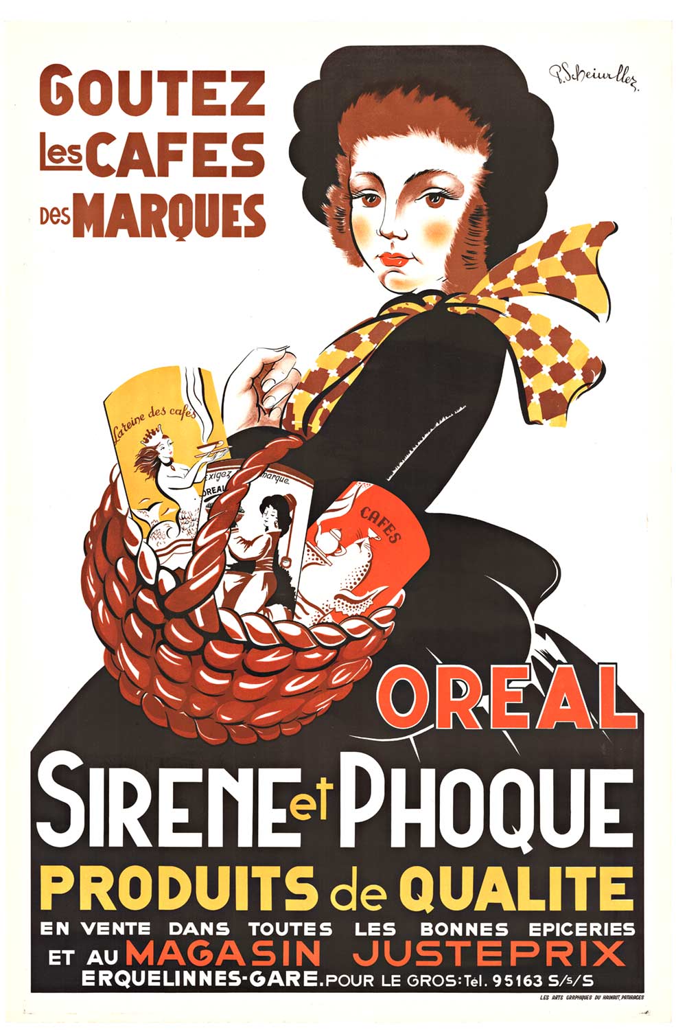 woman with a basket of various coffee flavors, French poster, original, linen backed, fine condition.