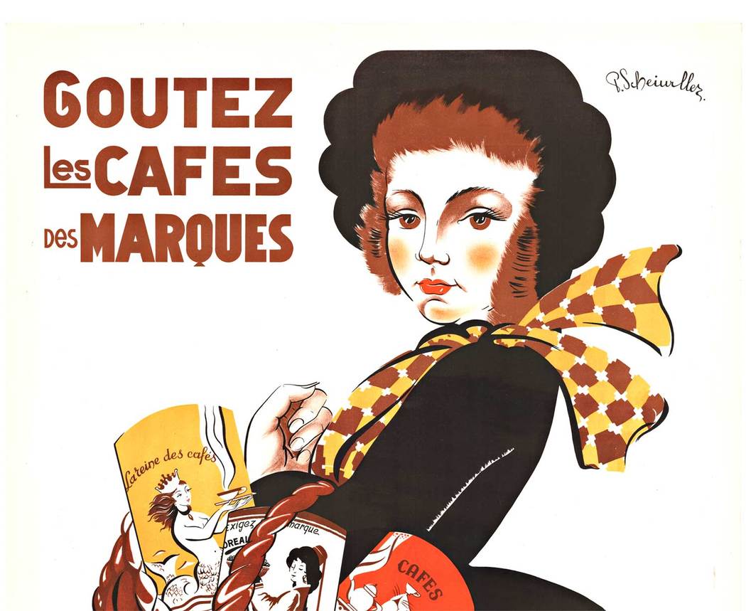 woman with a basket of various coffee flavors, French poster, original, linen backed, fine condition.