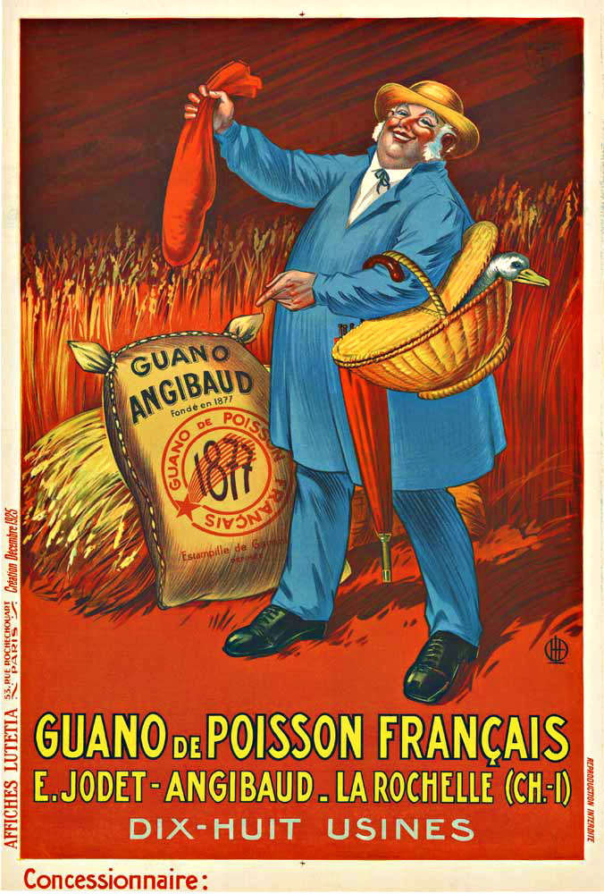 A beautiful stone lithograph that has a monogram signature of the artist. GUANO de POISSON FRANCAIS. Year; 1925. A French advertisement for fish guano that is produced in 18 different factory locations. (Affiche publicitaire. Création Affiches Luté