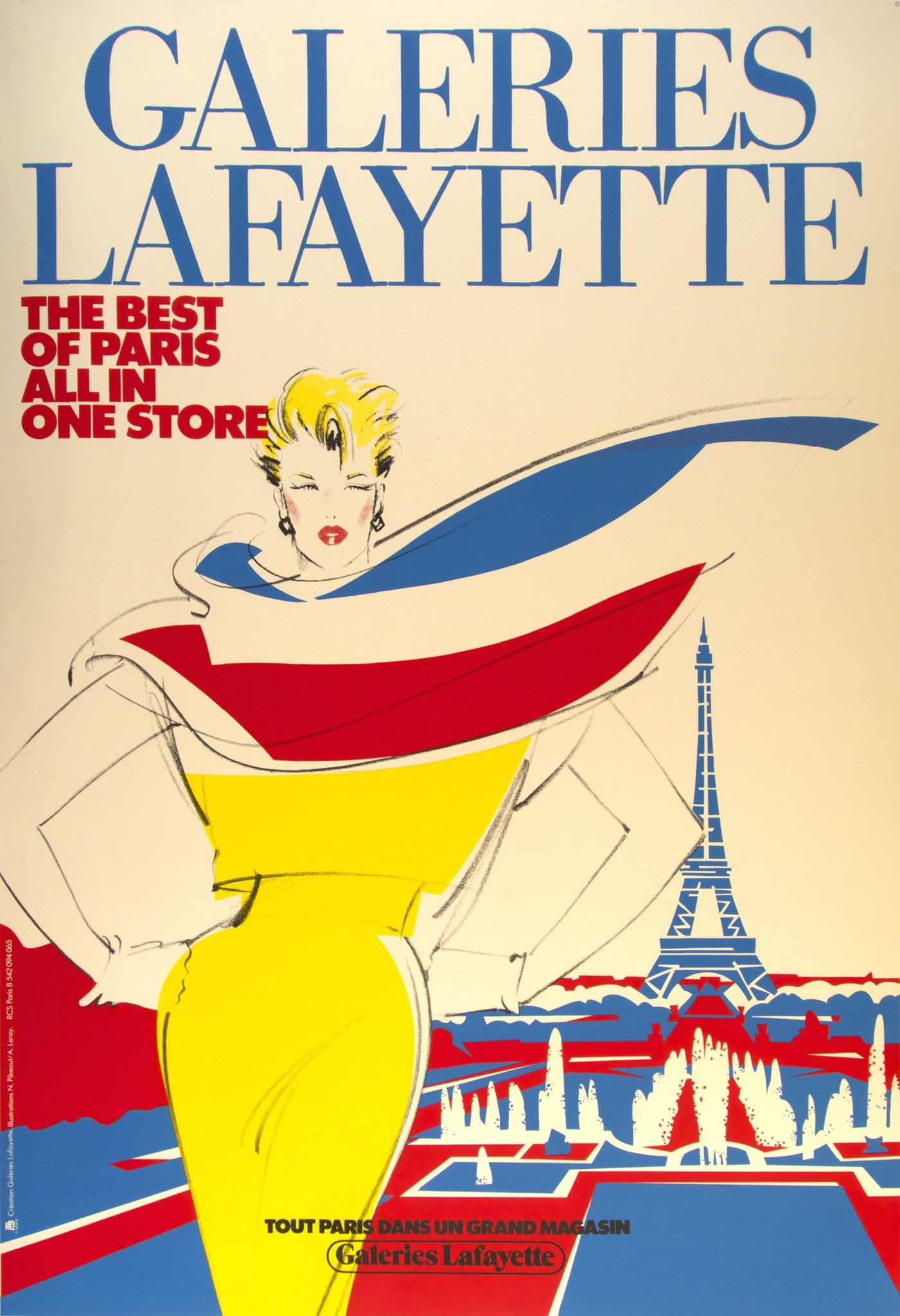 GALLERIES LAFAYETTE, original oversize poster by R. Cieslewicz. Size: 46.5" x 68". Archival linen backed original 1984 lithograph; ready to frame. This artist work in this image is very similar to Rene Gruau.