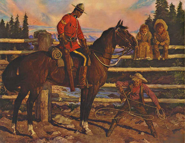 Canadian mounted police, child, lasso, wooden fence