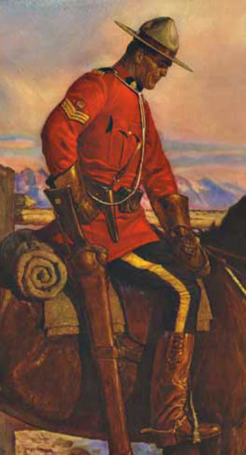 Arnold Friberg - Canadian Mountie - RCMP Canadian mounted police, child, lasso, wooden fence