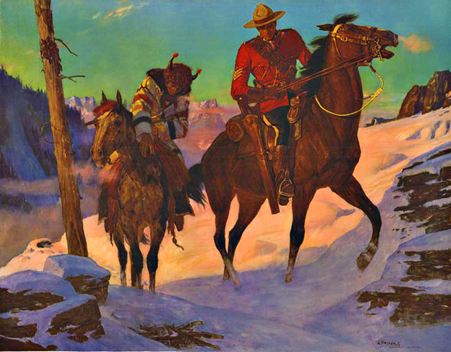 Canadian mounted police, indian, horses, snow