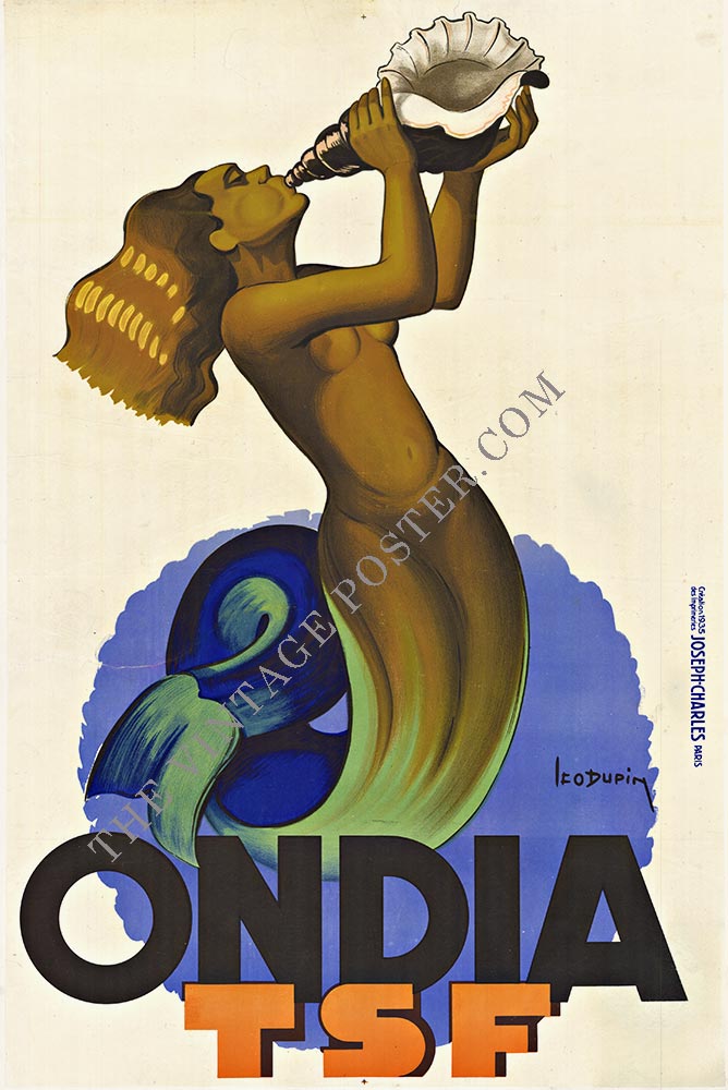 Very rare art nouveau poster created in the art deco time frame. A mermaid is blowing on a conch sell as she promotes Ondia TSF radios. No radio in the image, nudity, linen backed rare original French poster, fine conditon, ready to frame.
