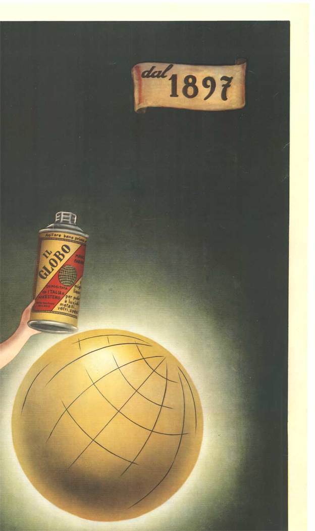 woman holding a can of El Globo above a globe, she is wearing sun glasses because everything is so clean and bright. An italian fashion statement, very fun. Linen backed, fine condition original poster,