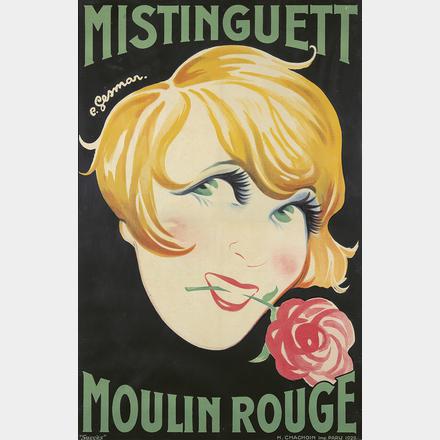 Large face of the actress Mistinguette with a rose in her mouth. Moulin Rouge, original poster, linen backed, Fine fold marks restored druring restoration, presents in fine condition.