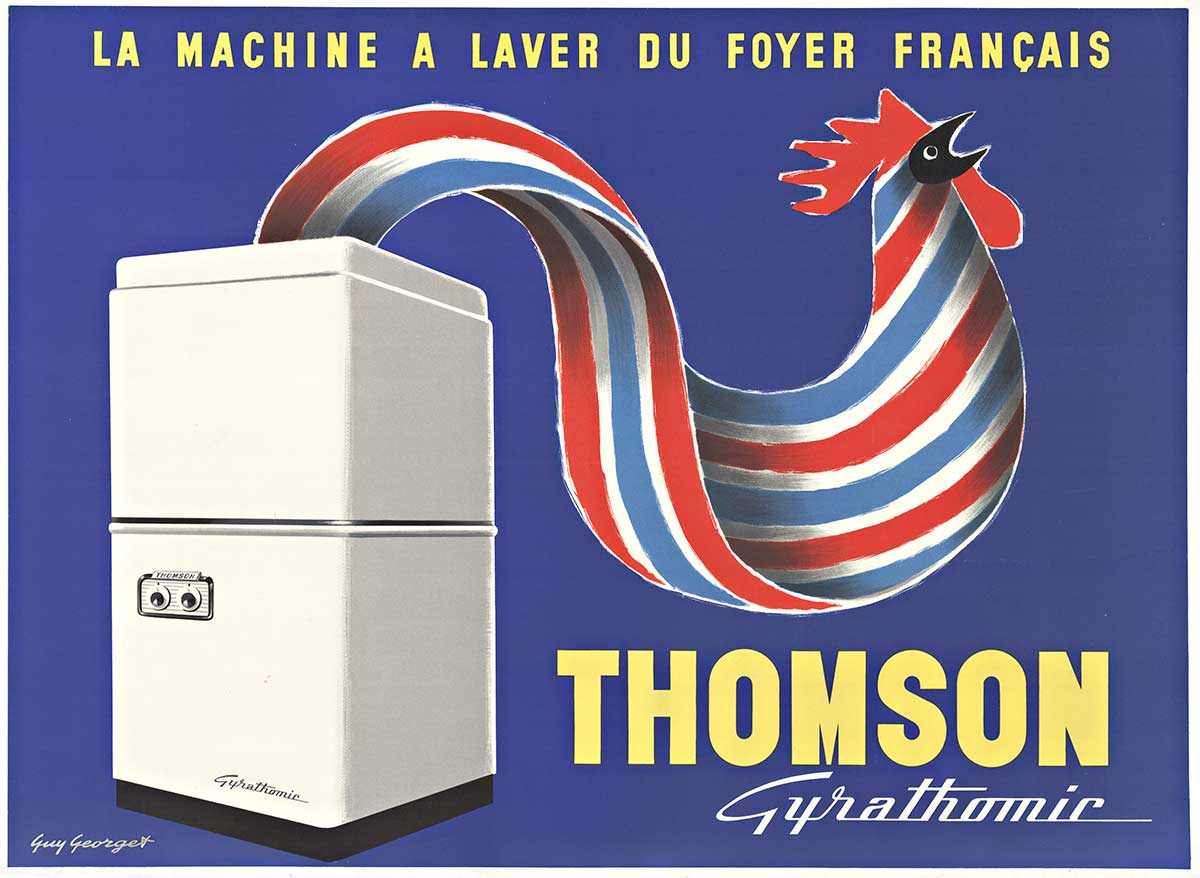 Original THOMSON Gyrathomic. Horizontal format original French vintage lithograph poster. Artist: Guy Georget. C. 1955. <br> <br>A fun image with the rooster coming out the top of the new home washing machine. A better way to wash your clothes fo