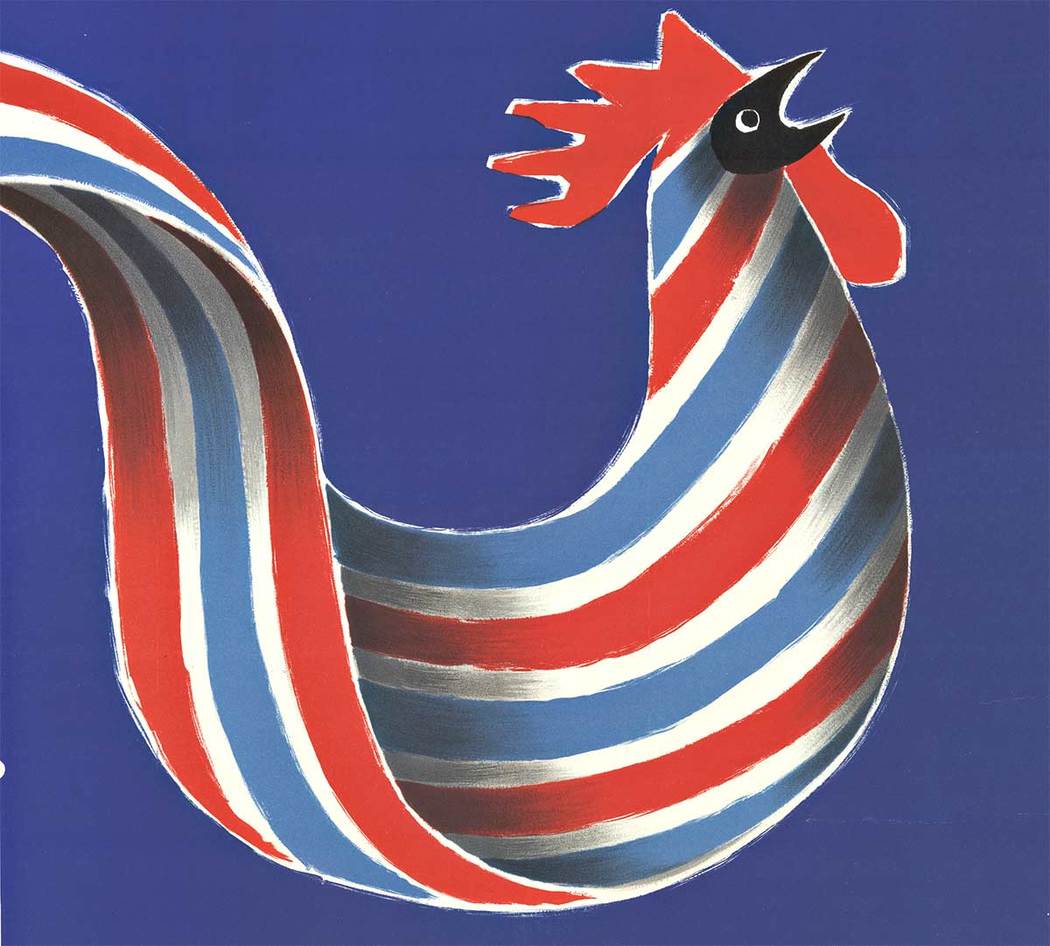 Original THOMSON Gyrathomic. Horizontal format original French vintage lithograph poster. Artist: Guy Georget. C. 1955. <br> <br>A fun image with the rooster coming out the top of the new home washing machine. A better way to wash your clothes fo