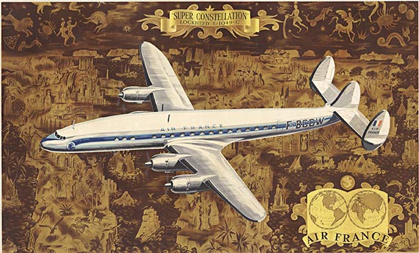 AIR FRANCE SUPER CONSTELLATION; artist: Lucien Boucher. Printer Perceval. Archival linen backed in very good condition; ready to frame. Rare original Air France authentic travel poster. Rare Air France poster by Lucien Boucher (not signed) printed