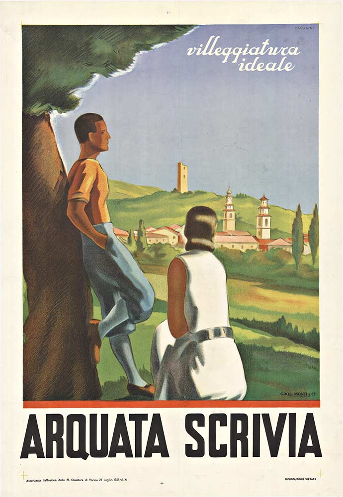Original rare poster: ARQUATA SCRIVA. Artist: Alfredo Cadadini. Year: 1933. Professional acid free archival linen backed vintage Italian travel poster, ready to frame.