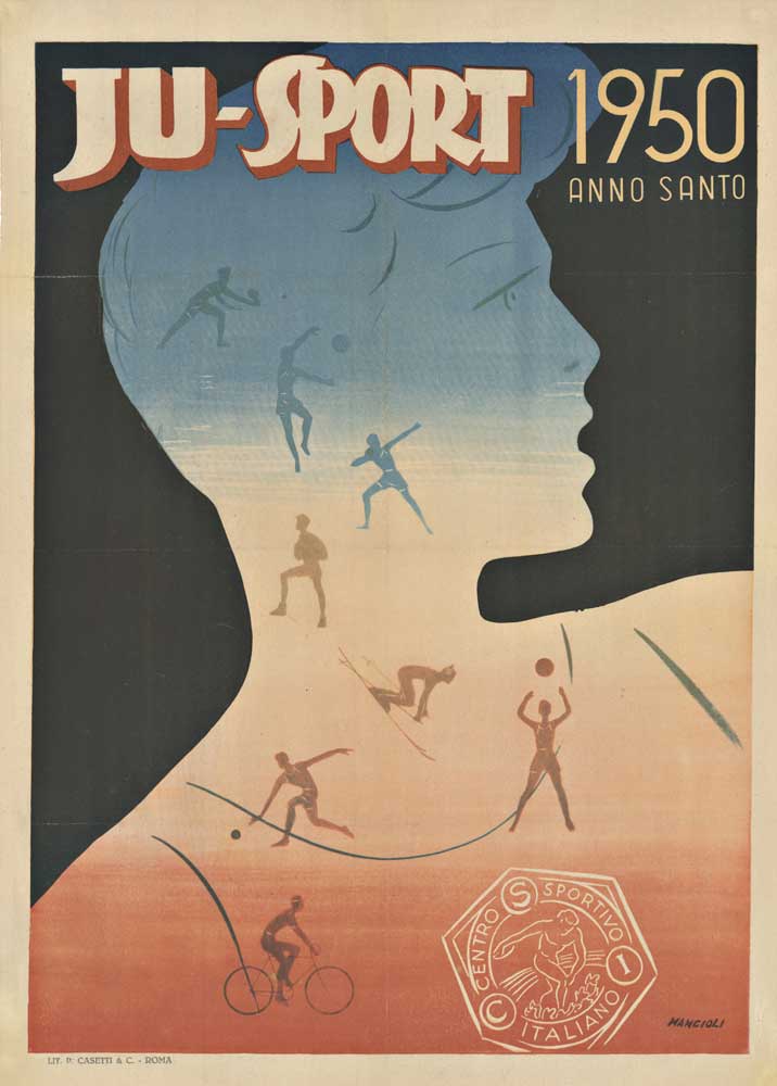 Original Italian vintage poster: Ju-Sport. 1950. Professional acid-free archival linen backed, ready to frame. Very good condition. <br>Printer: Lit. P. Casetti, Roma. Reference: Ref: Tennis Posters, p. 82
