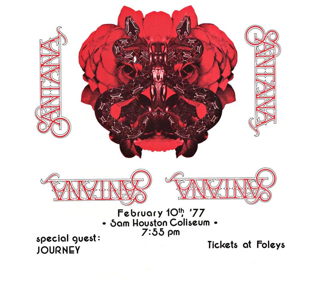 Pantera Ten proudly presents: SANTA, February 10th, 1977; Sam Houson Colliseum. 7:55 p.m.. Special guest: Journey. Rare original concert poster