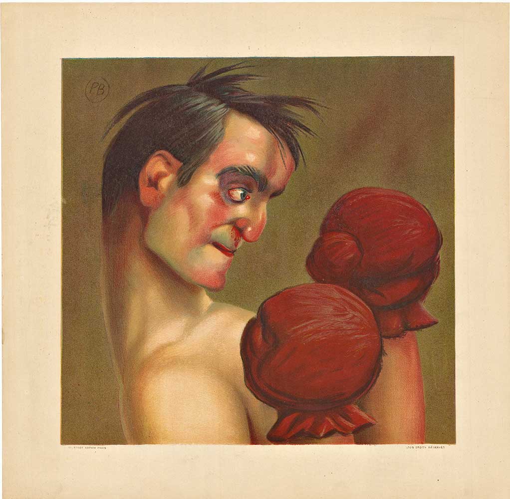 Original boxing print with the initials P.B. in the upper left corner. Printer Ed. Sagot Editeur, Paris. Professional acid-free archival linen backed and ready to frame. Exellent condition.