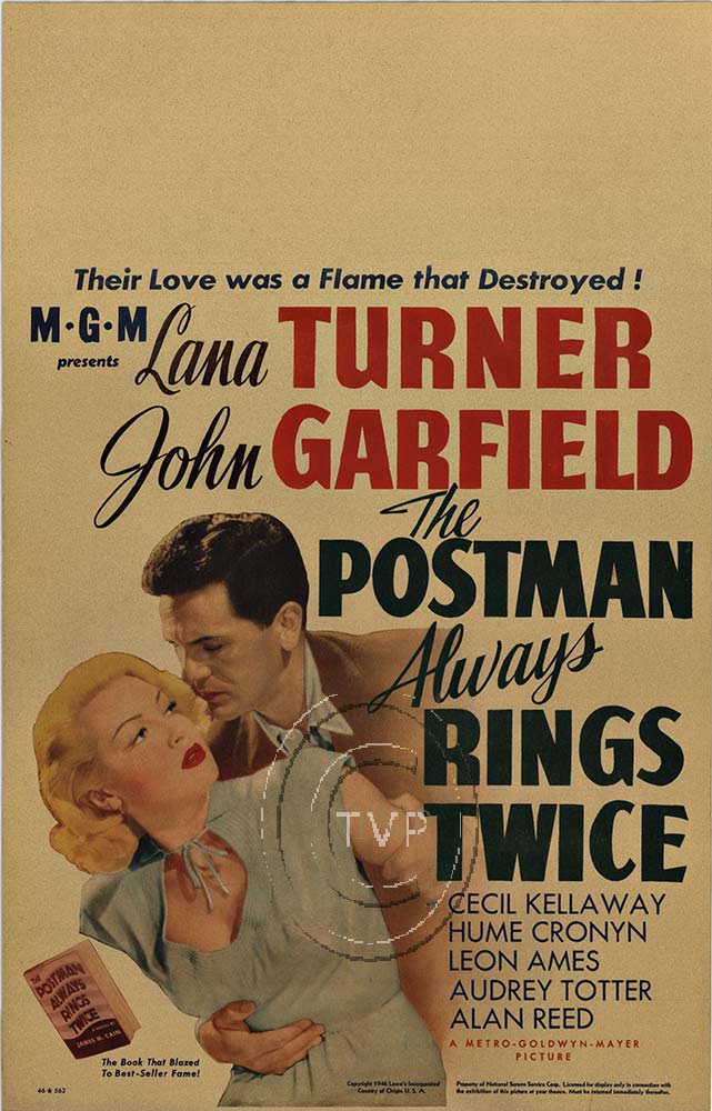 Original, 1946 "The Postman Always Rings Twice" insert. Size: 14" x 22". Professional acid-free paper backed; ready to frame. <br> <br>One of cinema's all-time greatest films, this twisted tale of love, jealousy, murder, and fate stars John Garfiel