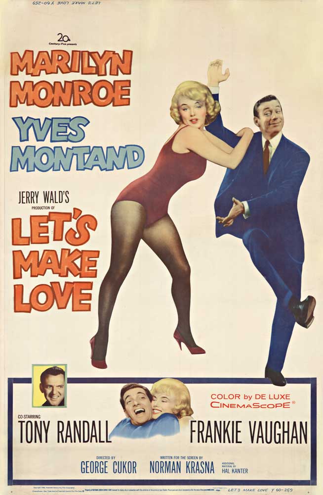 Original drive-in movie poster for Let’s Make Love. Image shows Marilyn Monroe in a swimmiing suit and high heels, Yves Montand in a suit. Linen backed rare American movie poster. Very fine condition.