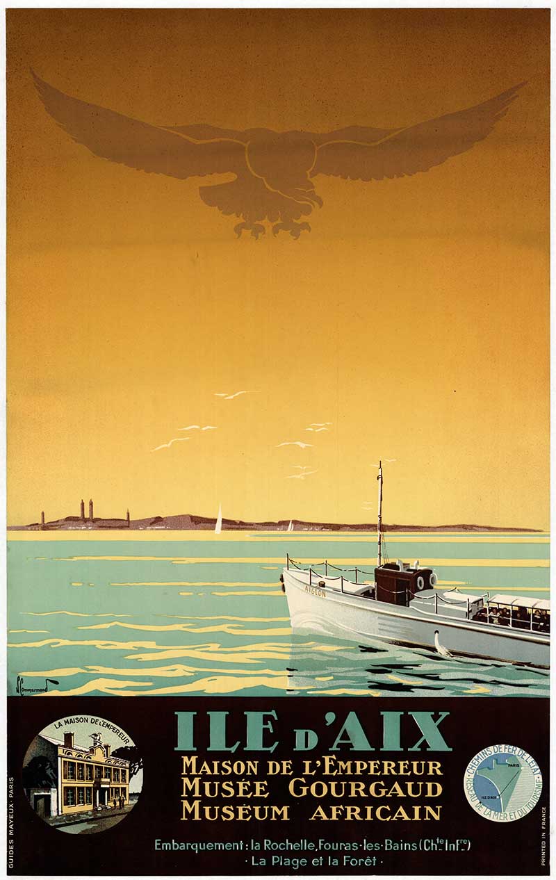 boat leaving a harbour. Light houses, city Ile d’Aix, original travel poster Chemin de Fer travel poster, French Railroad