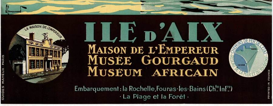 boat leaving a harbour. Light houses, city Ile d’Aix, original travel poster Chemin de Fer travel poster, French Railroad