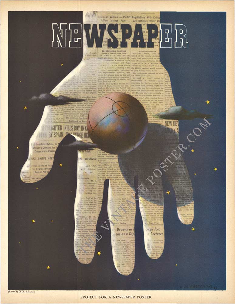 Adolphe Jean Marie Casandre, Newsaper, Earth in the palm of a Hand, Night Sky, Orginal First Printing, Fortune Magazine, International Exposition of Modern Industrial and Decorative Art in Paris