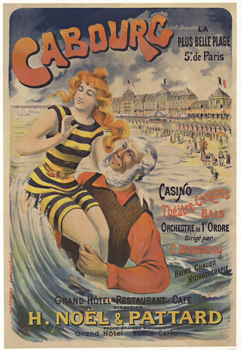 Older man and young lady in the ocean in front of a beach hotel. Turn of the century art nouveau style. Linen backed, original early poster.