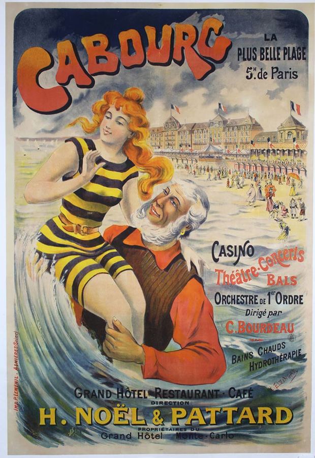 Older man and young lady in the ocean in front of a beach hotel. Turn of the century art nouveau style. Linen backed, original early poster.