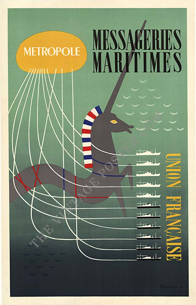 Original antique French lithograph travel poster: Messageries Maritimes. Artist: Poulain. Métropole. Union Française. This unicorn style sea creature is intertwined between the paths that the 11 cruise ships. Professional acid-free archival lin