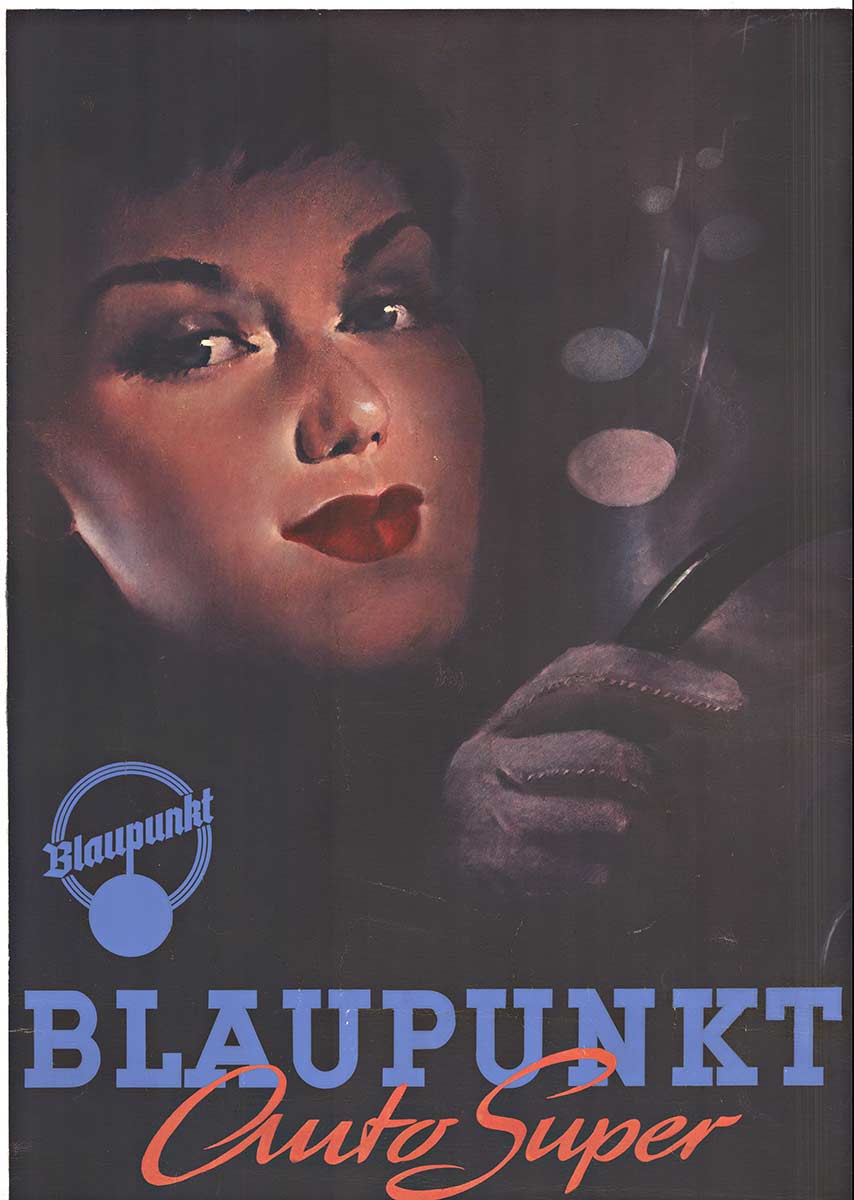 Original Blaupunk Auto Super vintage German radio poster. The image features a woman at the steering wheel inside her car. Professional archival linen backed and ready to frame. The black area has been touched up but presents very well. A rare po