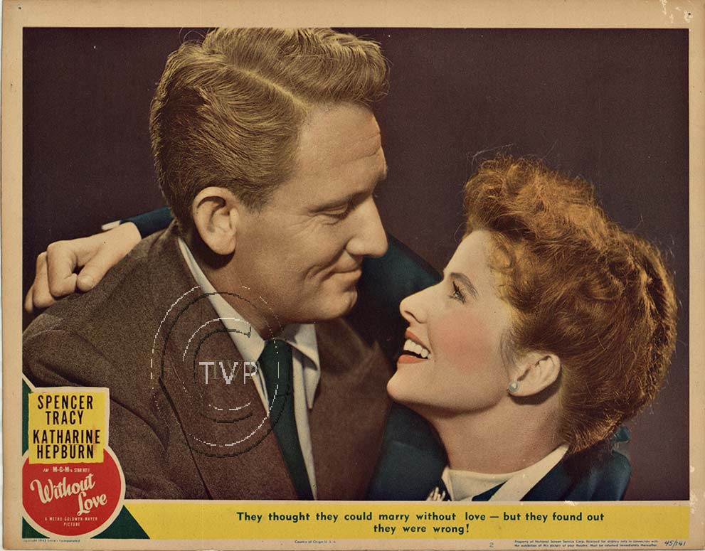 Original WITHOUT LOVE, 1945, 11" X 14" rare lobby card. Presented in an acid-free museum quality mat; suitable for framing.
