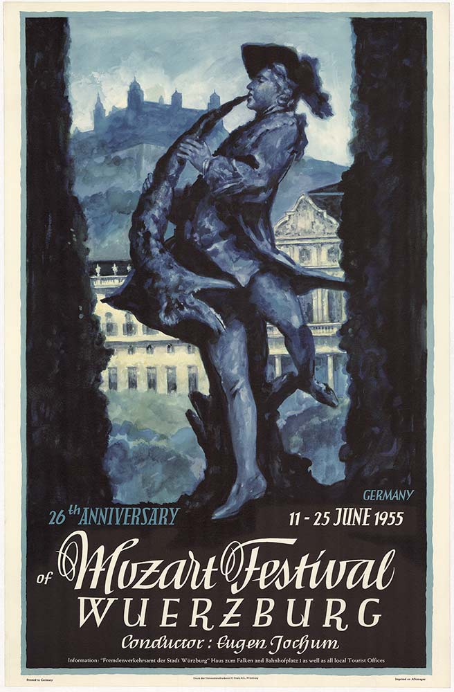 Original vintage advertising poster in French for the 26th Anniversary of the Mozart Festival in Wurtzbourg 11-25 June 1955 - 26e Anniversaire du Festival Mozart. Great image in shades of blue of a painting of a sculpture of a man playing a musical instru