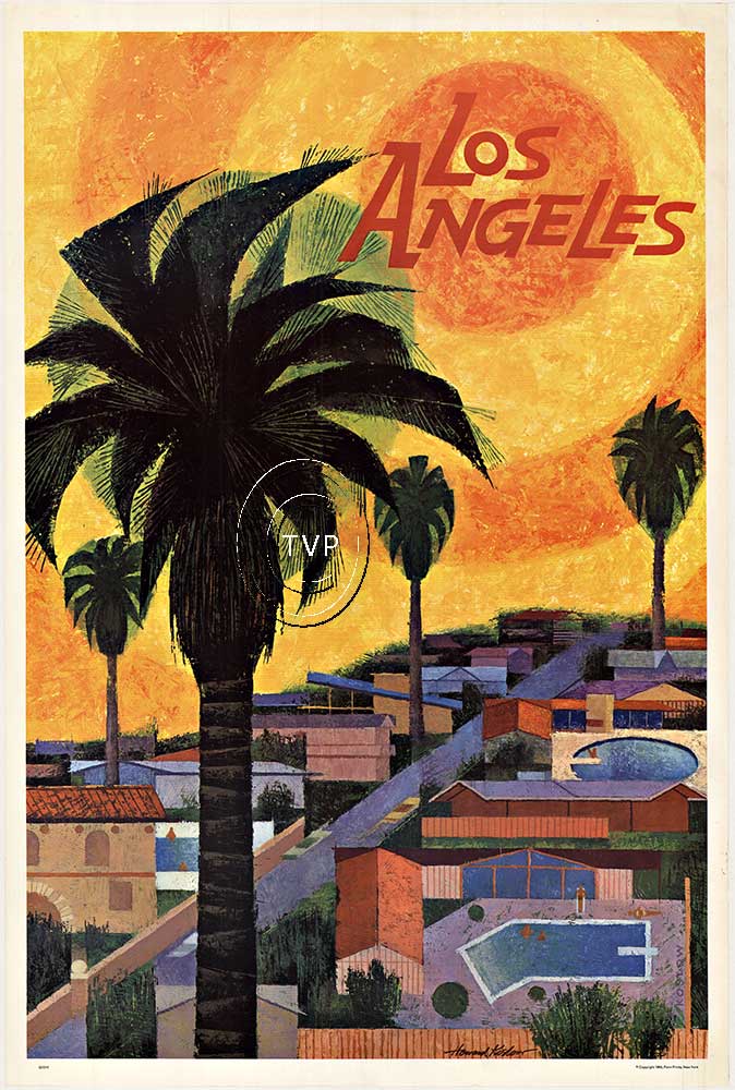 Rare original, Los Angeles (California) vintage travel poster created by the artist Howard Koslow. Archival linen backed in very fine condition, ready to frame. <br>This is hand signed by Howard Koslow before his death in 2016 and is directly from his f