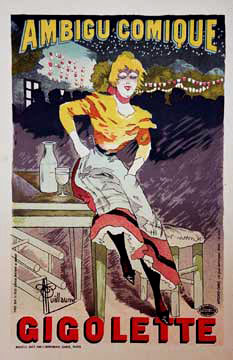 Advertisement for gigolette. Pretty woman sitting provacatively on a table