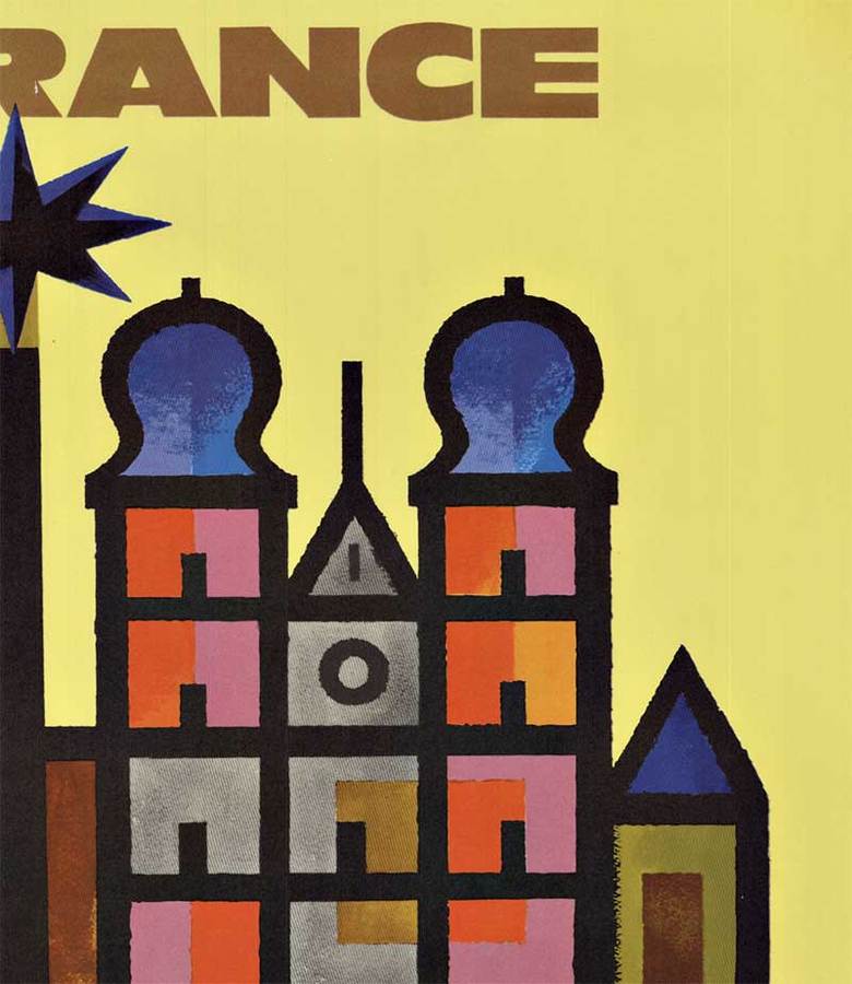 Air France original travel poster. Various cut out scenes of parts of Europe, linen backed, original poser
