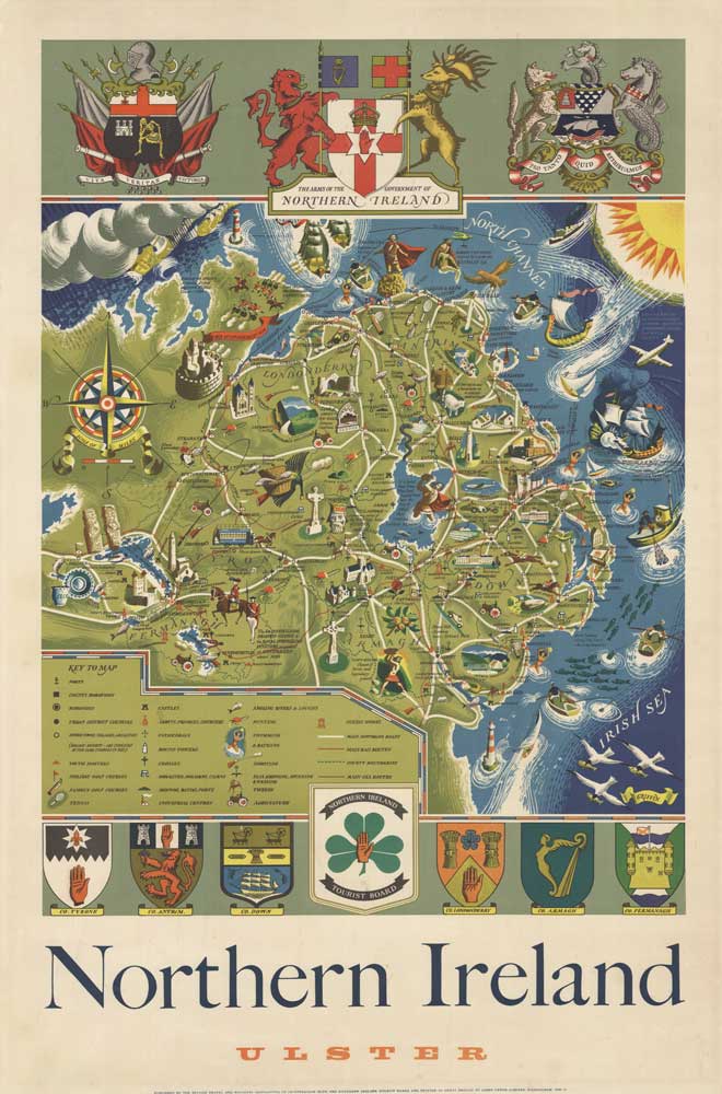 Northern Ireland map, sceneic spots,. Ulster, original poster, linen backed, fine condition.