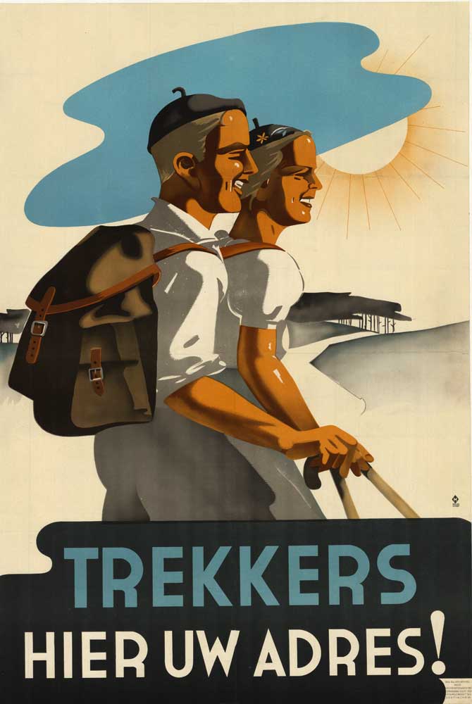 2 man and woman hikiing with walking sticks. Original travel poster