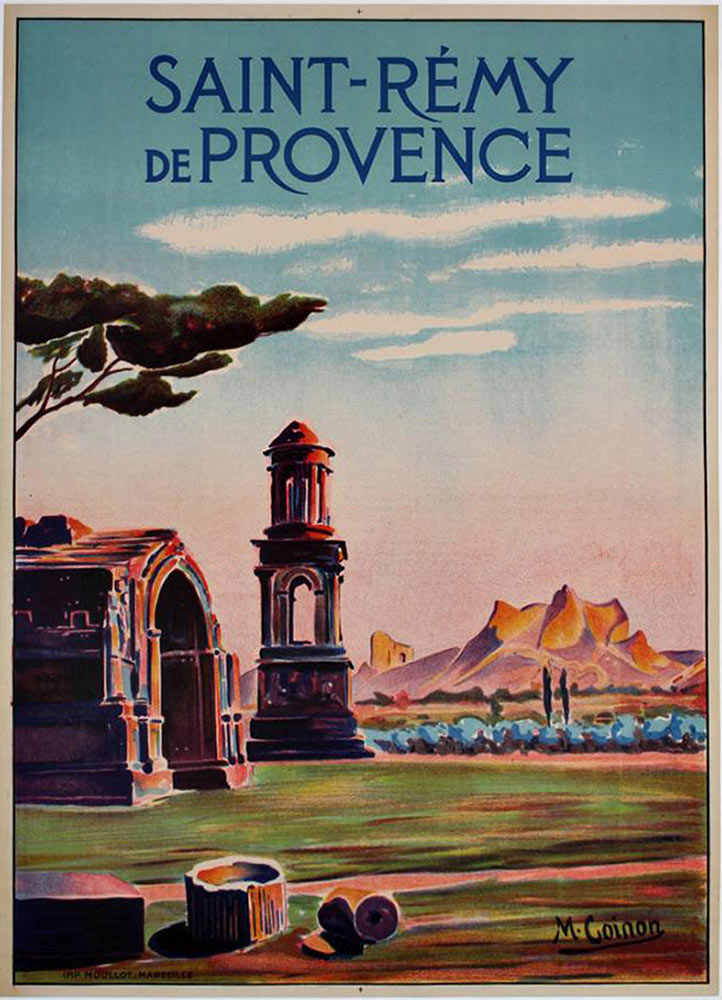 ancient ruins, old Roma ruins, mountain in background, cypress tree, French poster, original poster, travel poster, authentic poster, blue sky with clouds,