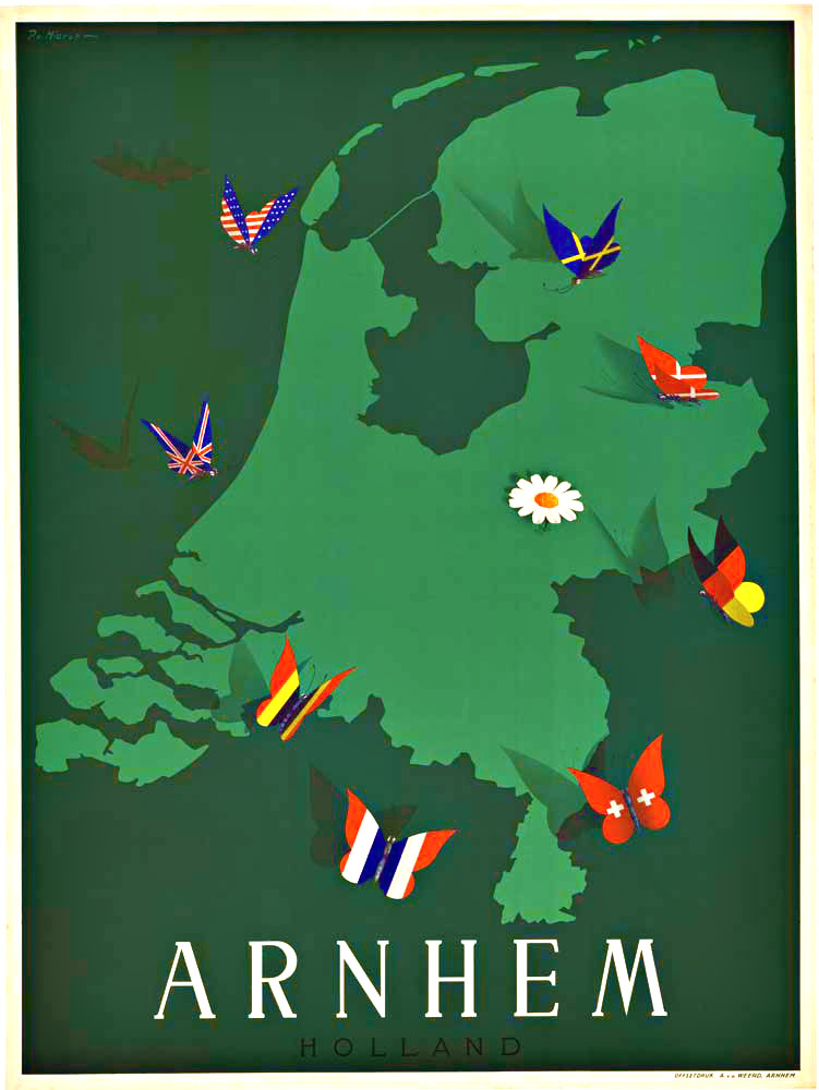 Original vintage travel poster to Arnheim, Holland. The poster image has a contour map outine of Holland: in the middle a daisy and around it 8 butterflies with the wings of various European countries and the USA. <br>This poster is profesisionaly acid 