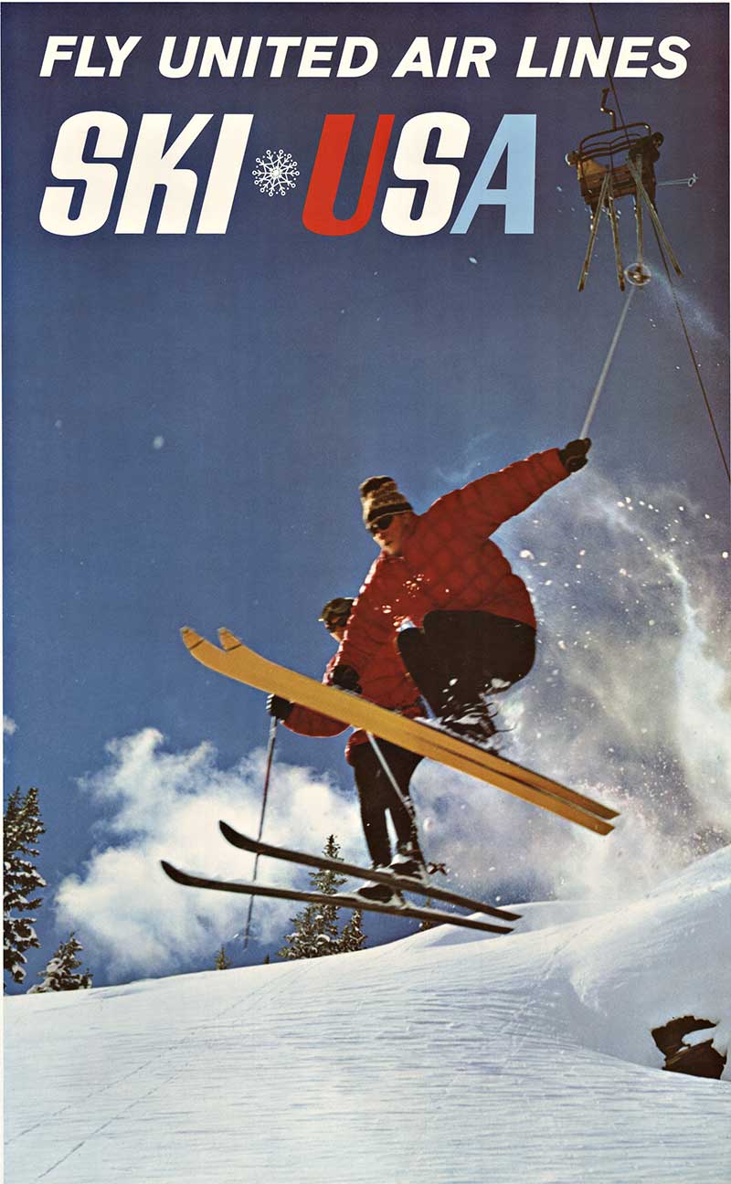 ski usa, skiers on mountain side, travel by United Air, origina, poster, linen backed