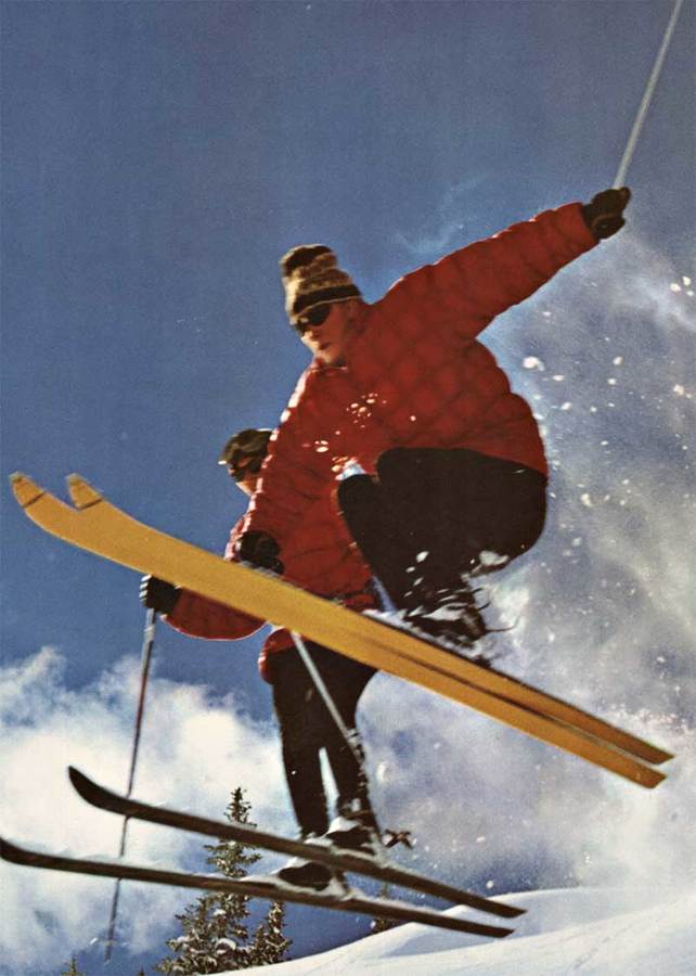 ski usa, skiers on mountain side, travel by United Air, origina, poster, linen backed