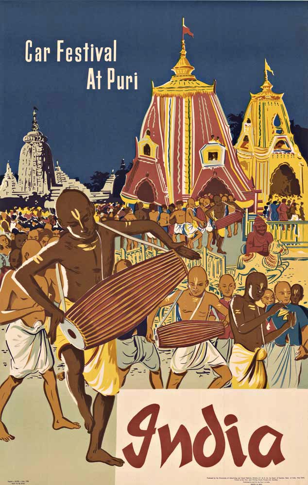 travel to India, temples, bongo drums, festival poster, lithograph, original poster, linen backed authentic poster, poster art, travel to India,