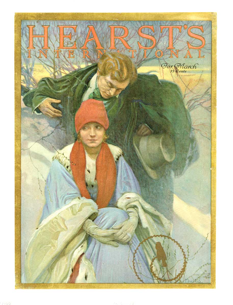 Alphonse Mucha, Hearst’s International March, Turn of the century, 1922, Original Vintage Poster, Man and woman, Hats, Winter, Trees and Snow