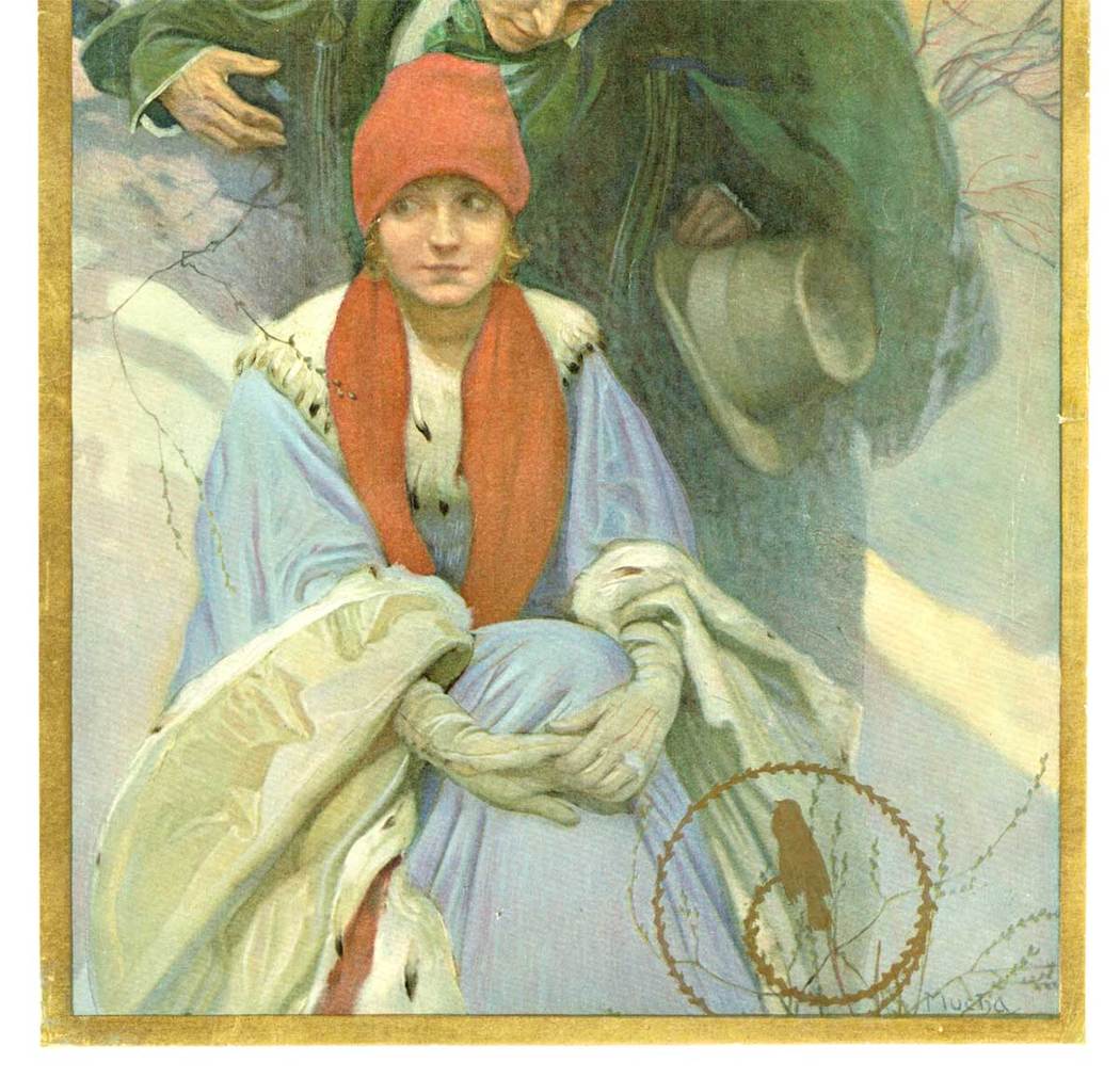 Alphonse Mucha, Hearst’s International March, Turn of the century, 1922, Original Vintage Poster, Man and woman, Hats, Winter, Trees and Snow