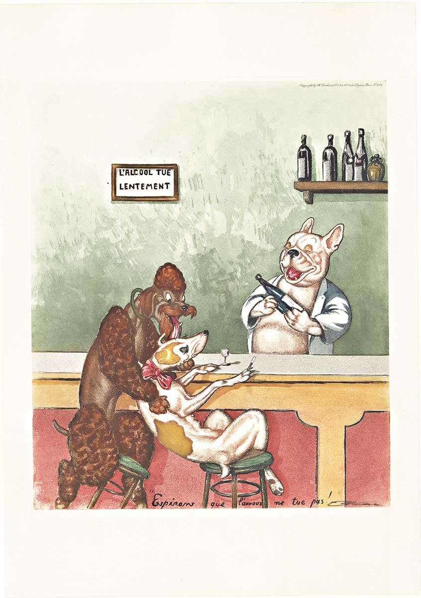 dogs sitting at a bar, French sign, booze bottles, linen backed, fine condition original