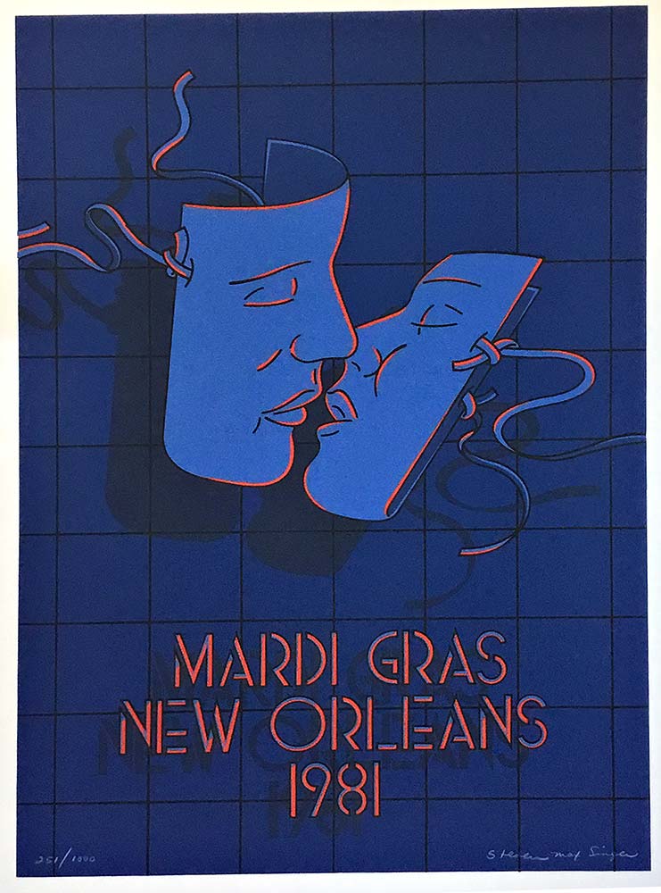 Original Mardi Gras New Orleans 1981, artist Steven Max Singer. The poster paper size is 23" x 29", but has a large white boarder that could be removed or matted over. This is mounted to a backing and is not linen backed. <br> <br>Hand signed and numb