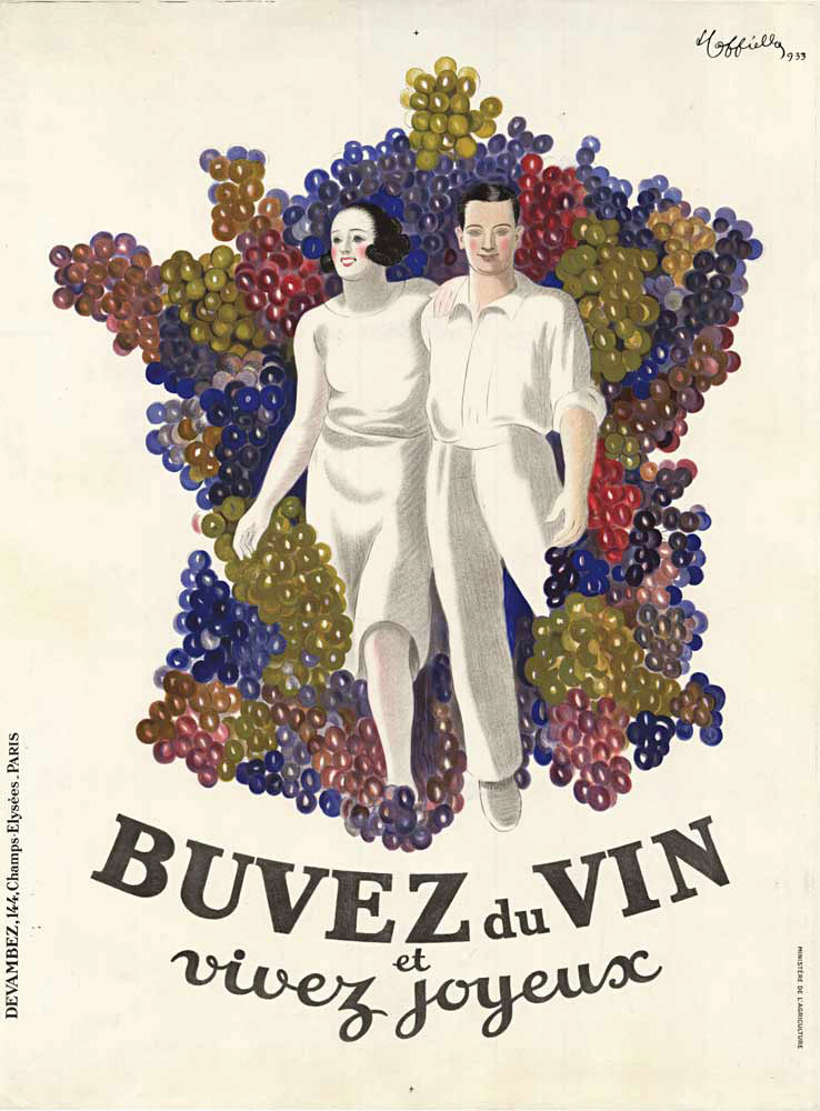 man and woman with a backgrond of colored graped. For wine and enjoyment of life, linen backed, original Cappiello poster. Fiine condition.