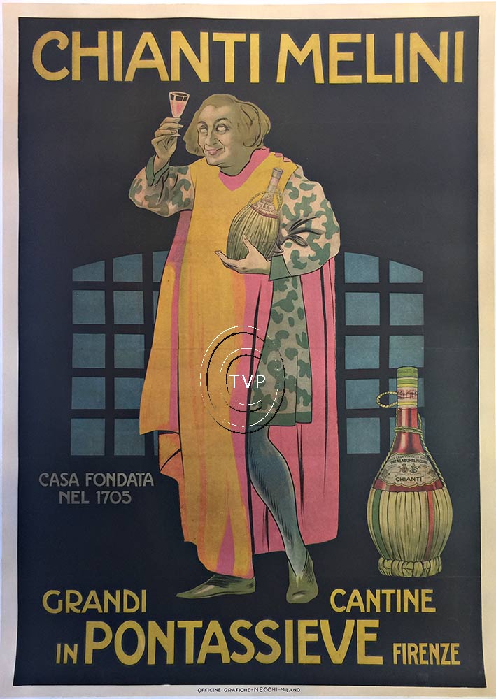 Earlies original Chianti wine poster, Chianti Melini, Italian poster. Shows a man inspecting a glass of wine in a wine cellar, very rare poster, only known copy of this image. Bottle of Chianti in lower right. B+ condition.
